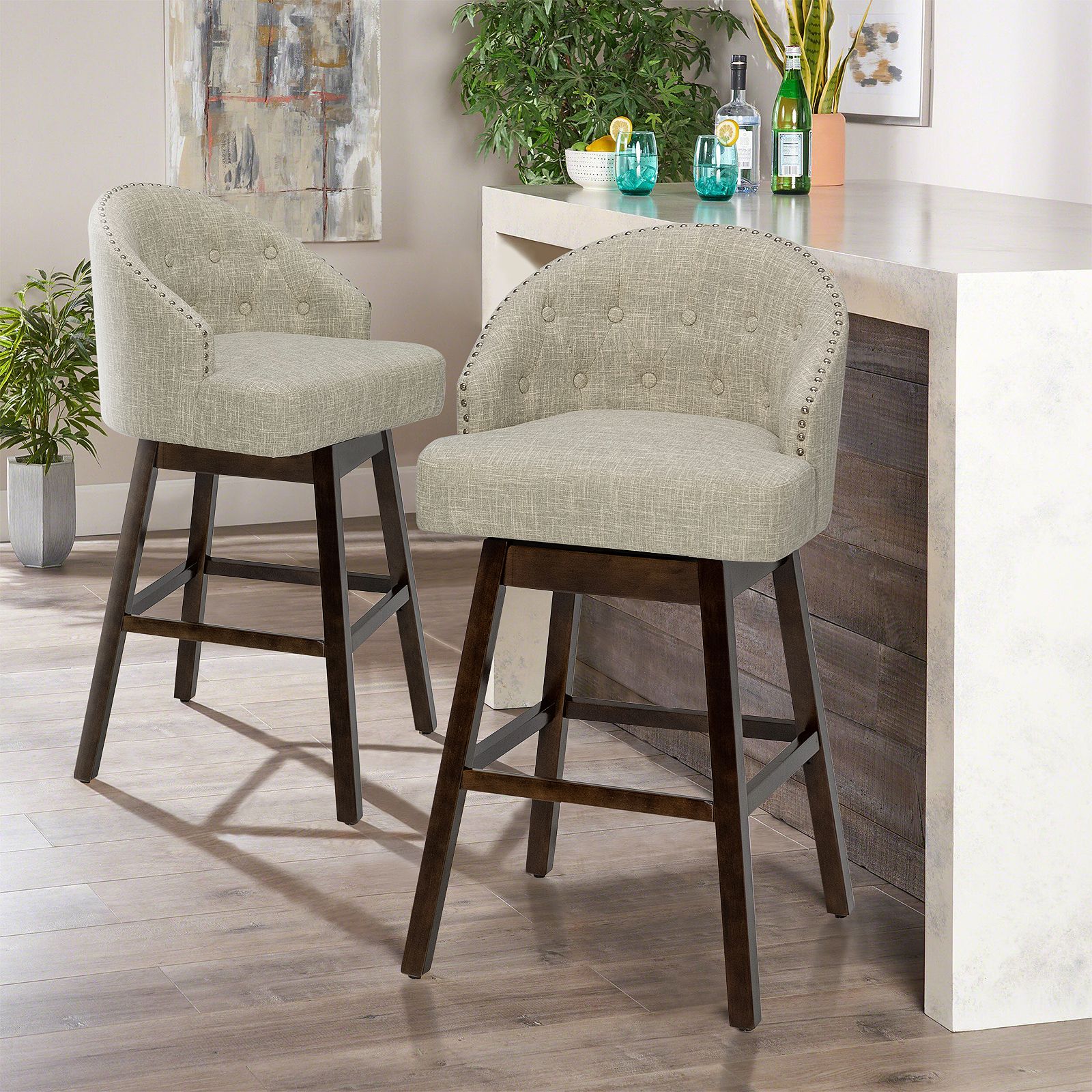 Swivel Bar Stools with Rubber Wood Legs and Padded Back Beige